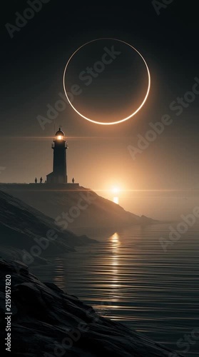 Retro travel poster of the 2028 annular solar eclipse over the coast of Galicia, featuring a lighthouse silhouette on dramatic cliffs beneath a glowing ring of fire at sunset.