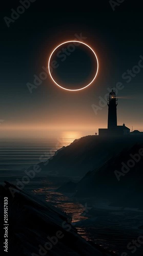 Retro travel poster of the 2028 annular solar eclipse over the coast of Galicia, featuring a lighthouse silhouette on dramatic cliffs beneath a glowing ring of fire at sunset.