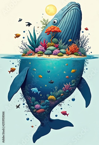 Whale carries vibrant coral reef above and below ocean water surface