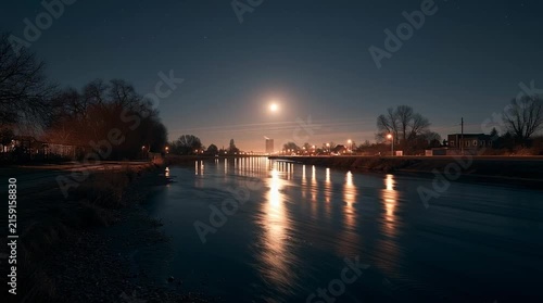 Moonlit river winding peacefully through a tranquil landscape, shimmering with silver reflections beneath a star-filled sky, creating a timeless atmosphere of serenity and wonder.