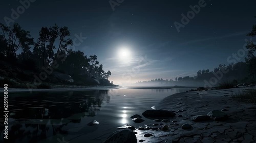 Moonlit river winding peacefully through a tranquil landscape, shimmering with silver reflections beneath a star-filled sky, creating a timeless atmosphere of serenity and wonder.