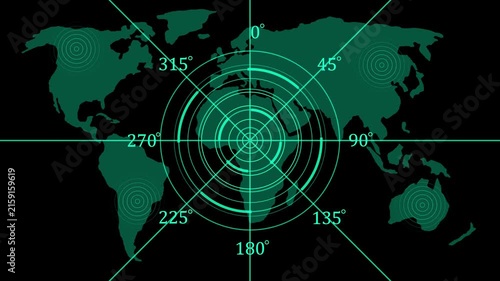 Digital map radar interface with scanning hud and geographic coordinates