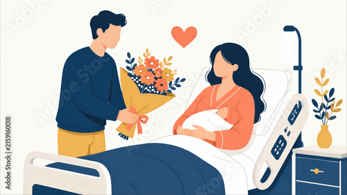 Partner bringing flowers to mother recovering with baby in hospital