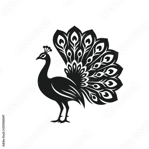 Diwali, Elegant peacock vector illustration, black bird silhouette with fan tail, decorative peacock logo for luxury branding isolated on White Background