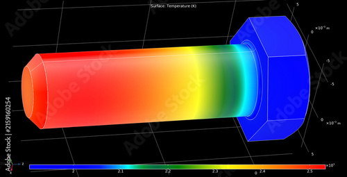 Metal bolt, screw drawing. Computer technic 
3d modeling of steel mechanical part. 
Thermal cad analysis.
Investigation of temperature distribution on surface
of mechanical part.