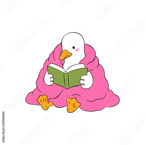 Cute goose reading book under blanket cozy vector illustration