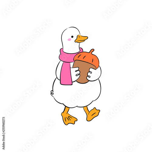 Cute goose holding acorn with pink scarf autumn vector illustration