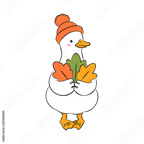 Cute goose with autumn leaves and beanie vector illustration