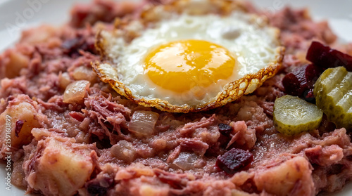 Traditional German Labskaus dish served with a fried egg and sliced pickles