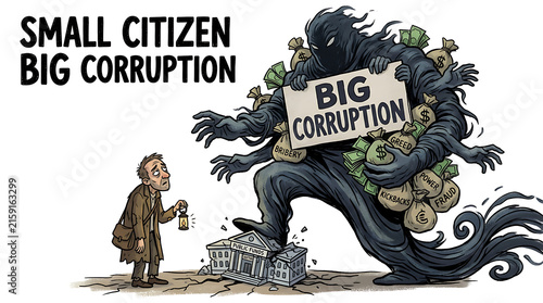 Small Citizen Faces Giant Corruption Monster Crushing Government Building.