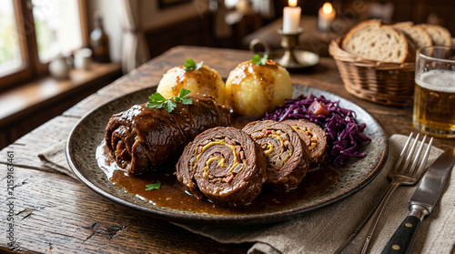 Traditional German Beef Rouladen with Potato Dumplings and Red Cabbage on a Rustic Wooden Table