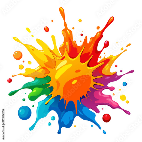 A vivid and stylized explosion of colorful paint blobs and droplets forms a dynamic, circular shape with sharp edges against a plain white background.