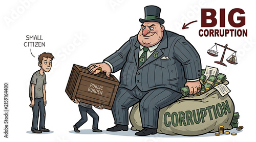 Corrupt businessman exploiting small citizen with money and power.