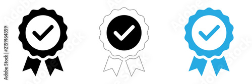 Set of three quality seal ribbon icons with check marks in black and blue color variations