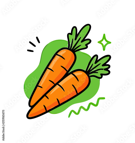 Two fresh carrots with green tops and cheerful doodles on a white background create a healthy food vibe