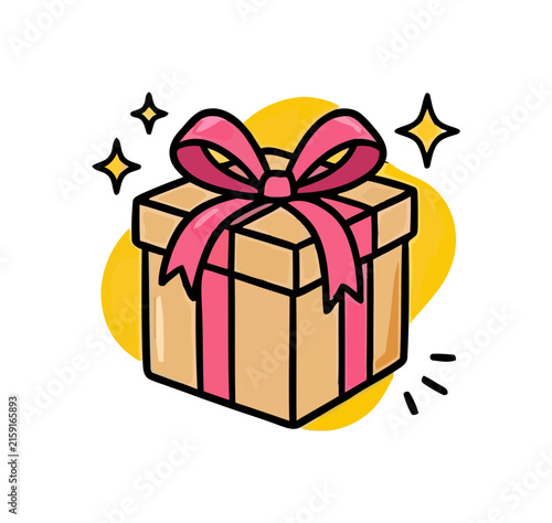 A simple gift box with pink ribbon and yellow background while sparkles surround it