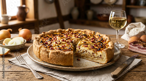 Traditional German Zwiebelkuchen rustic onion tart with bacon served with a glass of white wine on a wooden table
