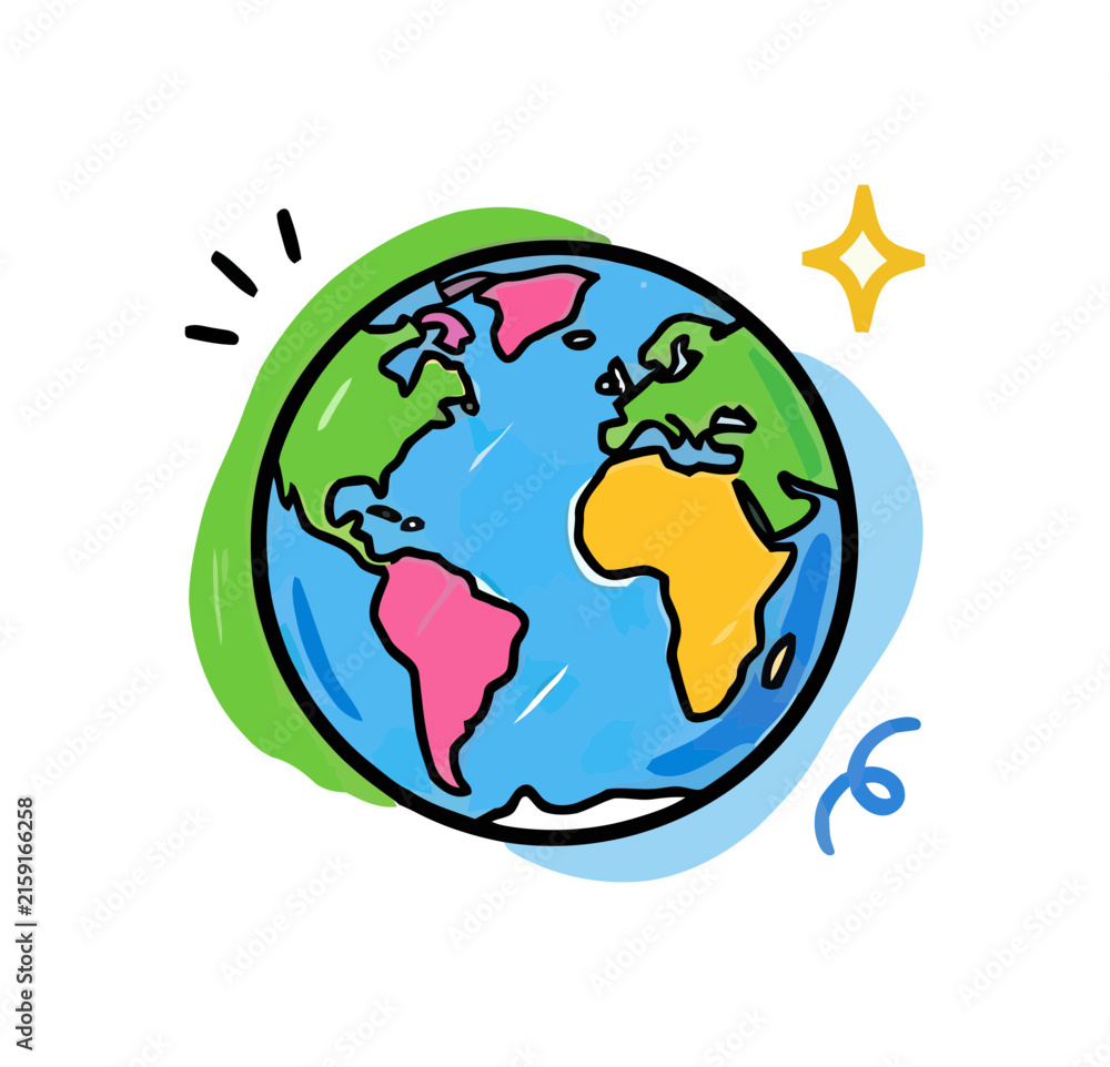 Naklejka premium cartoon earth planet illustration with colorful continents and playful doodles