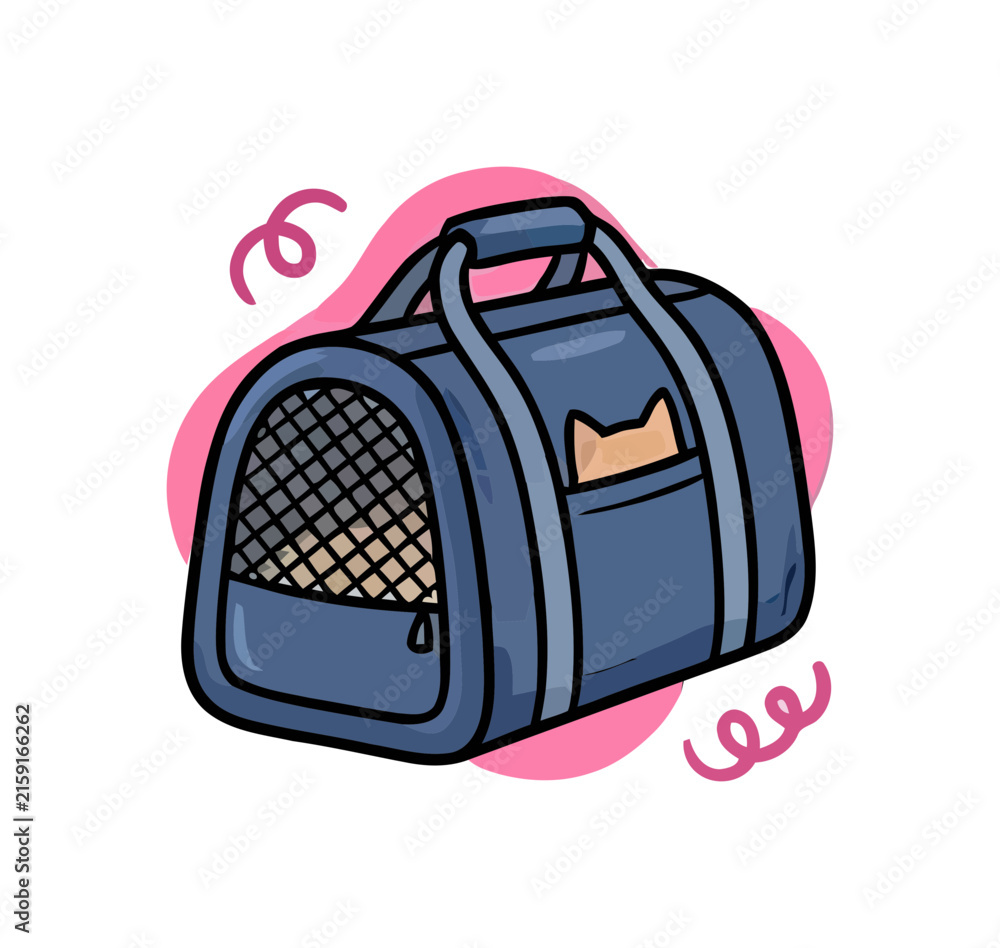 Fototapeta premium Cute cartoon cat peeking out of a blue pet carrier bag with pink swirls and a mesh window