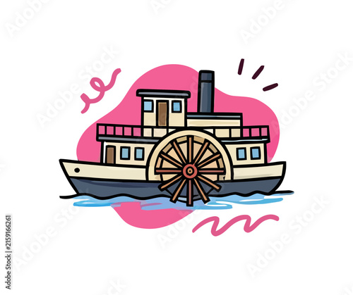 A cartoon paddlewheel riverboat sails on blue water with whimsical pink accents and playful sparks overhead