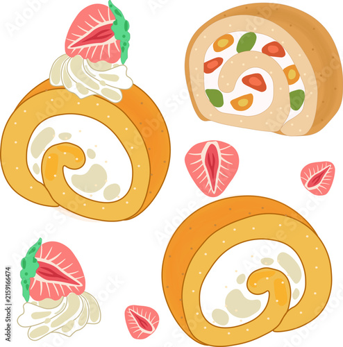 Swiss roll cake slices with cream, fruit fillings, and fresh strawberries