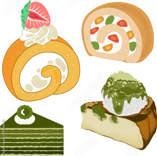 Japanese desserts including Swiss roll cakes with strawberry and fruits, matcha layer cake, and matcha basque cheesecake