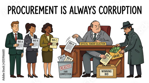 Cartoon illustration depicting a corrupt official accepting bribes during a bid process, while legitimate bidders wait in line.