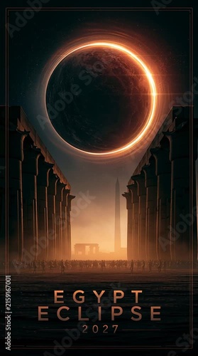 Retro travel poster featuring ancient Egyptian temple pillars silhouetted beneath the total solar eclipse of 2027, with a radiant solar corona and bold vintage vector styling.