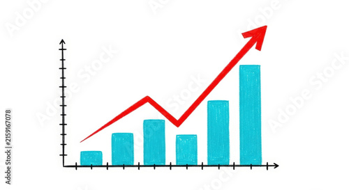 Hand Drawn Growing Graph Upward Red Arrow Blue Bars on White Background Finance Success Investment Progress Development Increase
