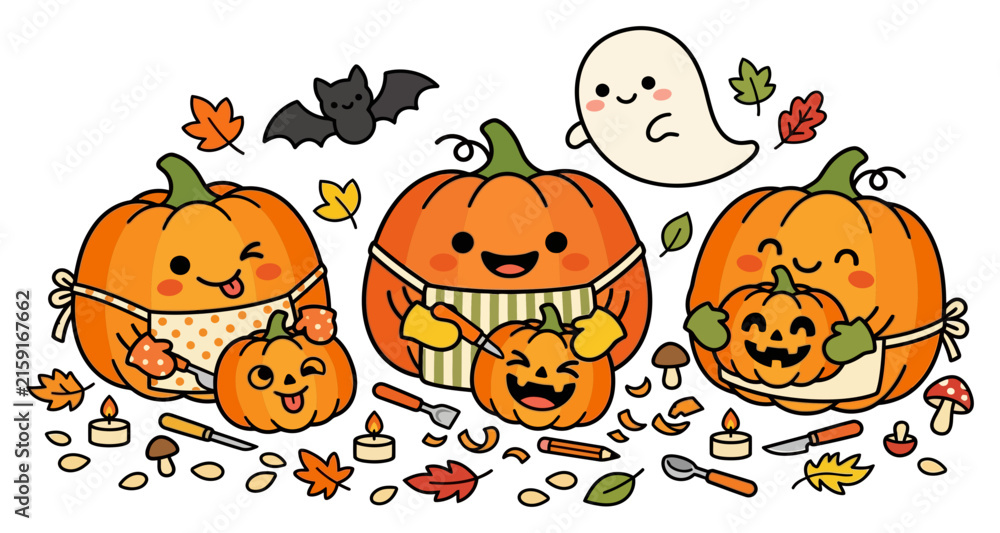 Fototapeta premium Cute kawaii pumpkins carving little jack o lanterns with ghost and bat halloween lanterns illustration character seasonal celebration mushrooms