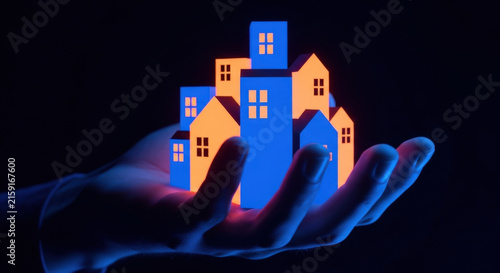 Hand Holding Abstract Buildings Cityscape Architecture Urban Development Real Estate Investment Conceptual Property Modern Design