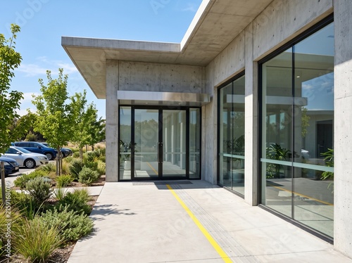 Modern concrete building entrance with automatic glass doors, yellow tactile paving strip, and lush green landscaping.