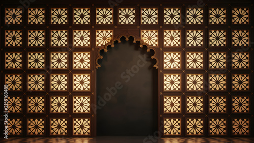Elaborate middle eastern wall design featuring a traditional archway surrounded by glowing geometric panels in warm golden hues created with intricate wooden craftsmanship providing an elegant 