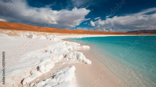Turquoise Water Oasis with White Salt Formations and Orange Sand Dunes Under Blue Sky