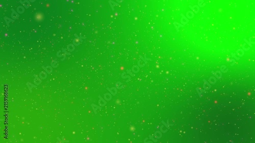 Seamless looping video motion graphic featuring glowing colorful particles floating over a vibrant green gradient background. Ideal for futuristic tech backdrops, stage shows, and visual effects.