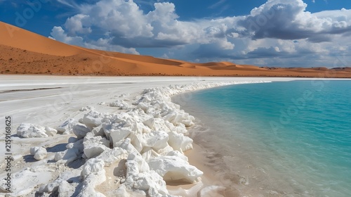 Vibrant Turquoise Oasis Featuring White Mineral Rocks Along Curved Shoreline and Red Sand Dunes