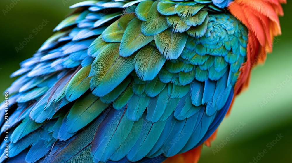 Obraz premium Colorful feathers of a parrot showcasing vibrant blue and orange hues.