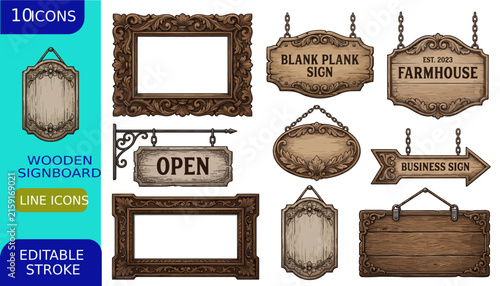 Collection of 10 rustic wooden signboards and frames, including hanging business signs and blank plaques, for vintage design.