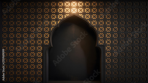 Ornate dark geometric wall with a centered Islamic archway featuring soft glowing backlight illumination behind intricate lattice patterns creating a mysterious and spiritual atmosphere 