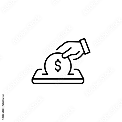 Financial investment outline icon depicting coin insertion into slot with investment currency transaction