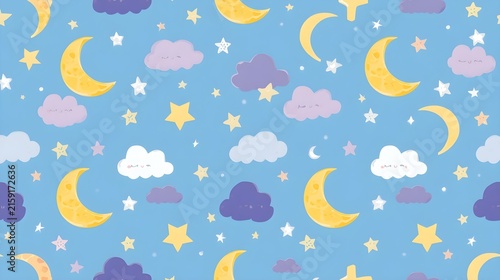Pastel Celestial Seamless Pattern with Crescent Moons, Purple Clouds, and Yellow Stars for Nursery Fabric