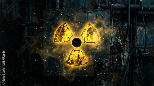 Plakat w ramie Glowing yellow radiation symbol on dark industrial background, nuclear hazard warning sign.