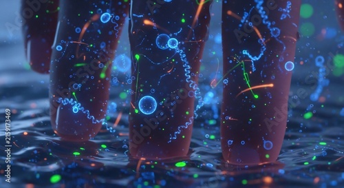 Test tubes filled with dark liquid and glowing particles in a laboratory setting