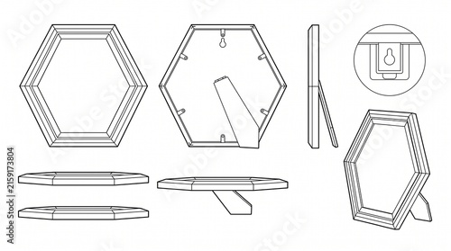 Hexagonal Picture Frame Technical Drawing Set, Vector Line Art Mockup Illustration of Photo Frame in Multiple Views