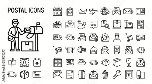 Postal icons set, delivery service, mail and shipping elements, thin line icons collection, vector illustration