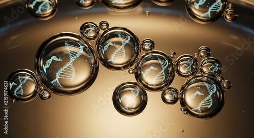 Transparent bubbles each contain a glowing DNA double helix floating on a reflective golden surface.
