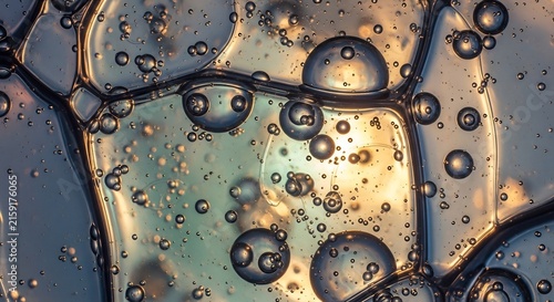 Oil and water bubbles creating abstract patterns in close up view