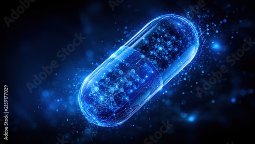 Blue glowing medical capsule with digital network particles for advanced health innovation tech.