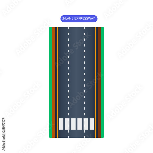 Vector straight three lane modular expressway road with pedestrian zebra crossing