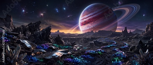 Panoramic view of the landscape of an alien planet